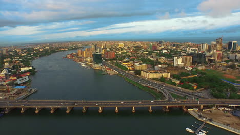 victoria island, lagos, nigeria along the coastline - aerial flyover