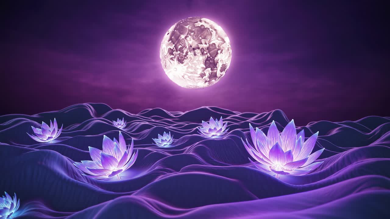 Surreal video scene with a low-angle view of glowing lotus flowers on waves under a luminous full
