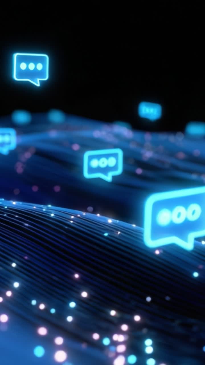 Una coinvolgente rappresentazione visiva della comunicazione digitale, illustrata attraverso bolle di chat luminose che fluttuano sopra uno sfondo dinamico e scintillante di onde fluide.