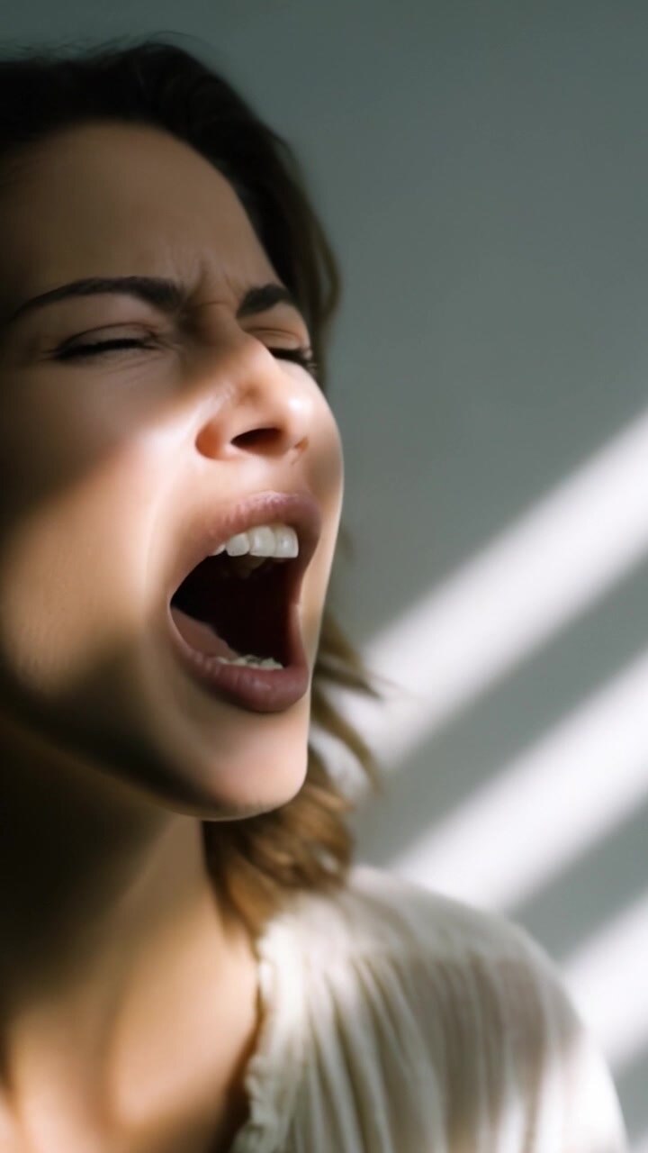 A Powerful Expression of Emotion: A Woman Yelling with Intensity in Natural Light, Highlighting Raw Feelings and Unfiltered Human Experience