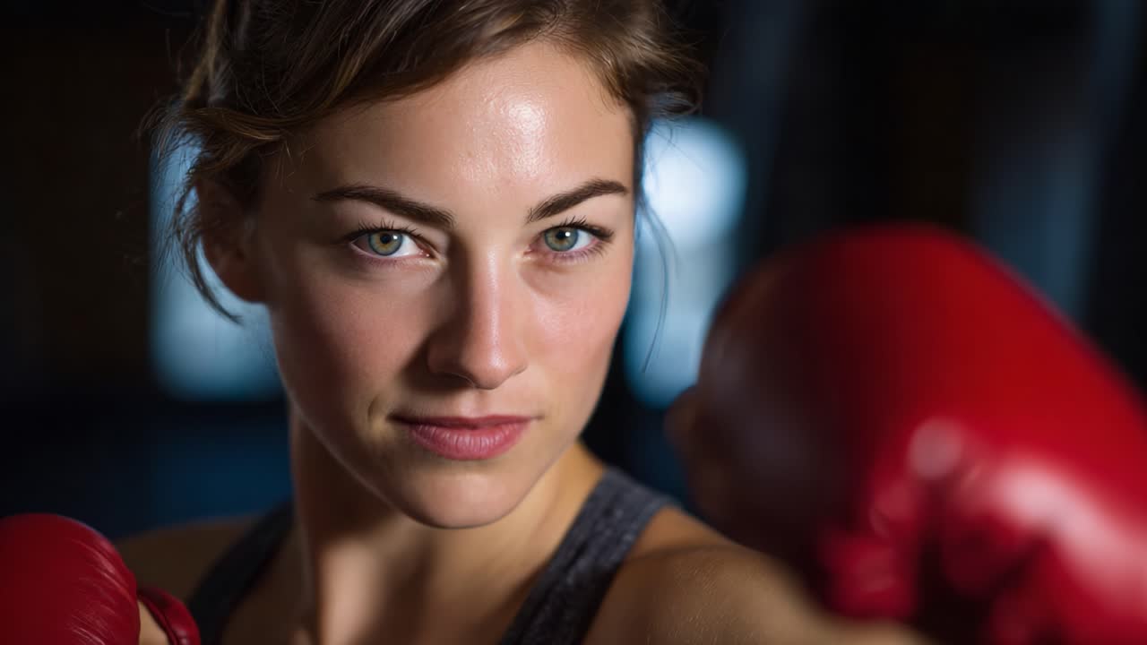 Determined and Fierce: A Close-up of a Young Female Boxer with Red Gloves Ready for Action, Showcasing Strength, Focus, and Resilience in the Ring