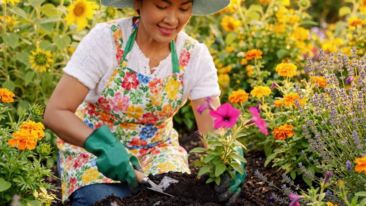 鮮やかな庭で色とりどりの花を手入れする楽しそうな庭師。情熱的な植物の手入れと育む手を通じて、自然界に生命と美しさをもたらします。