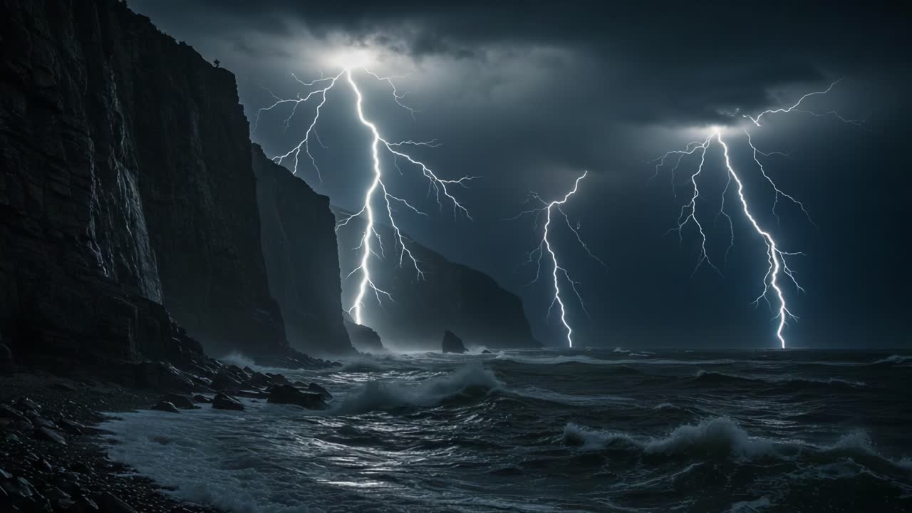 A Dramatic Storm Unfolds: Lightning Strikes and Tumultuous Waves Crash Against Cliffs, Creating an Awe-Inspiring Natural Display of Power and Beauty