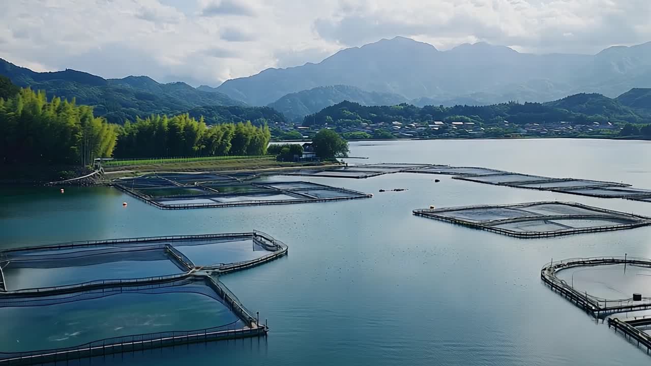 Aerial view of a fish farm on a lake with mountains in the background