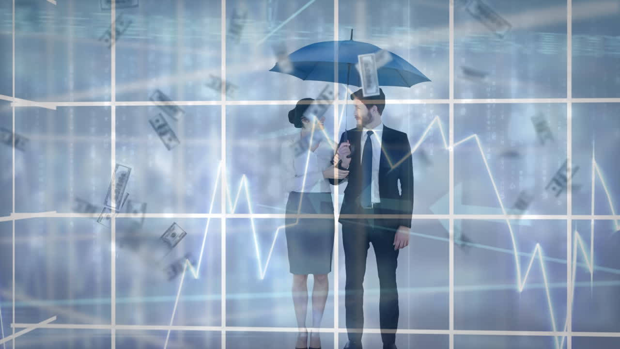 돈이 떨어지는 우산  ⁇ 에 서 있는 백인 부부의 애니메이션