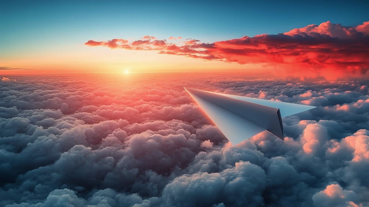 Paper Airplane Soaring Through Clouds at Sunset