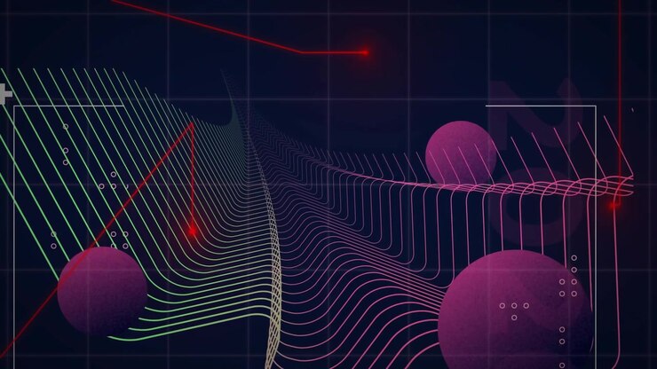 Animation of colorful lines and spheres on abstract digital landscape grid background