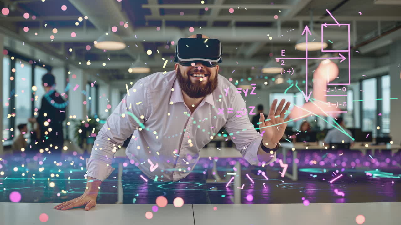 Man Experiencing Virtual Reality in a Futuristic Office