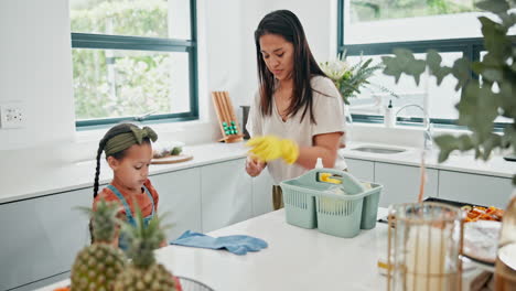 mother and daughter cleaning kitchen