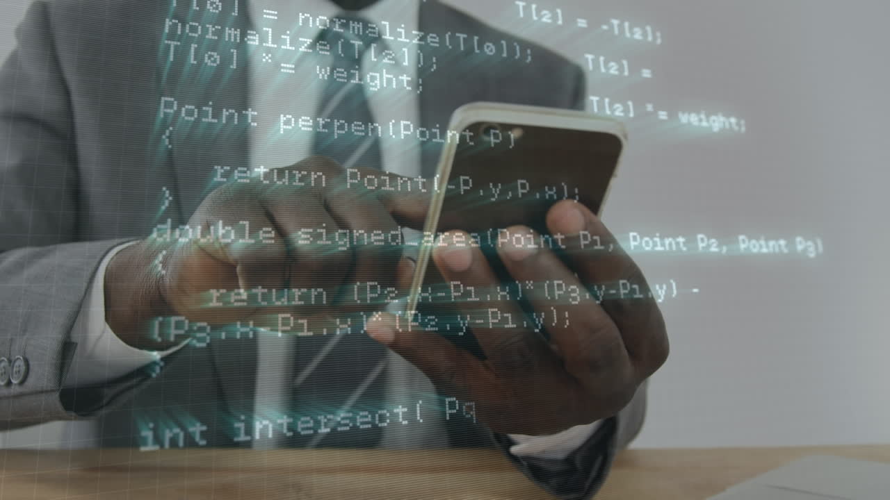 Animation of data processing over hands of african american businessman using smartphone