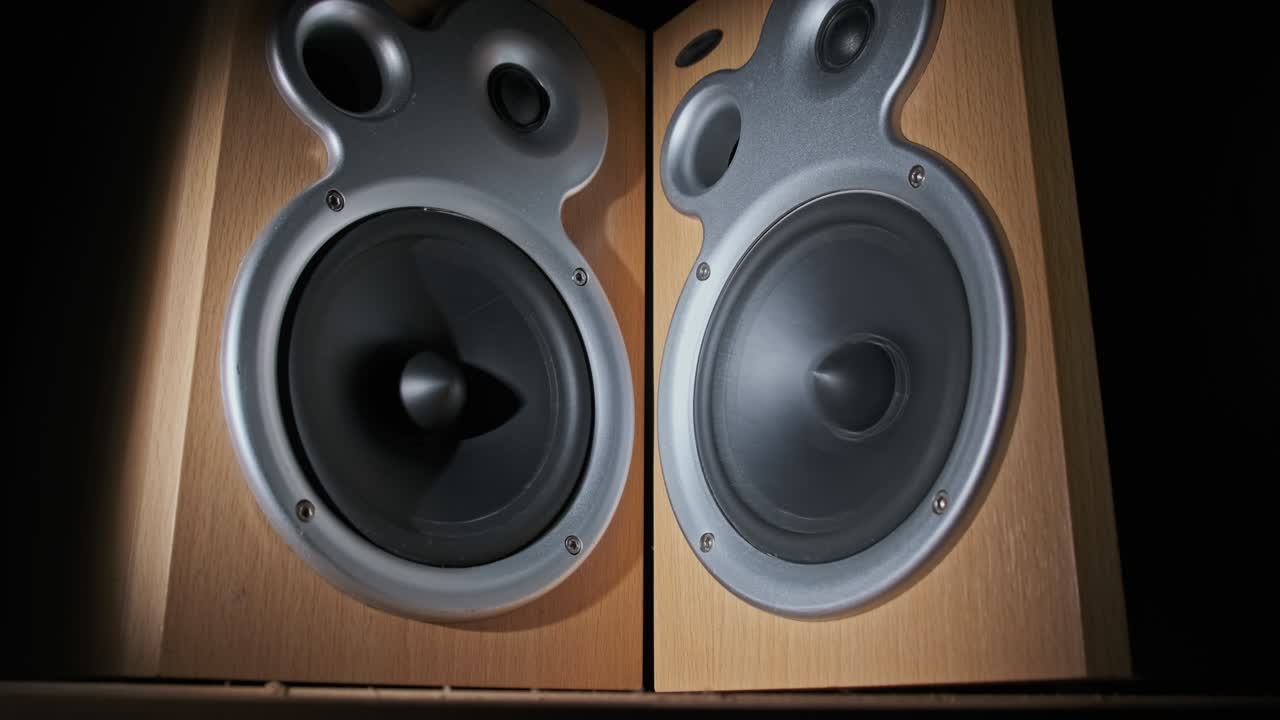 los altavoces de audio vibran de sonido bajo en cámara lenta sobre fondo negro