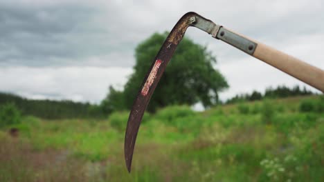 rusted sickle against rural landscape. closeup, selective focus