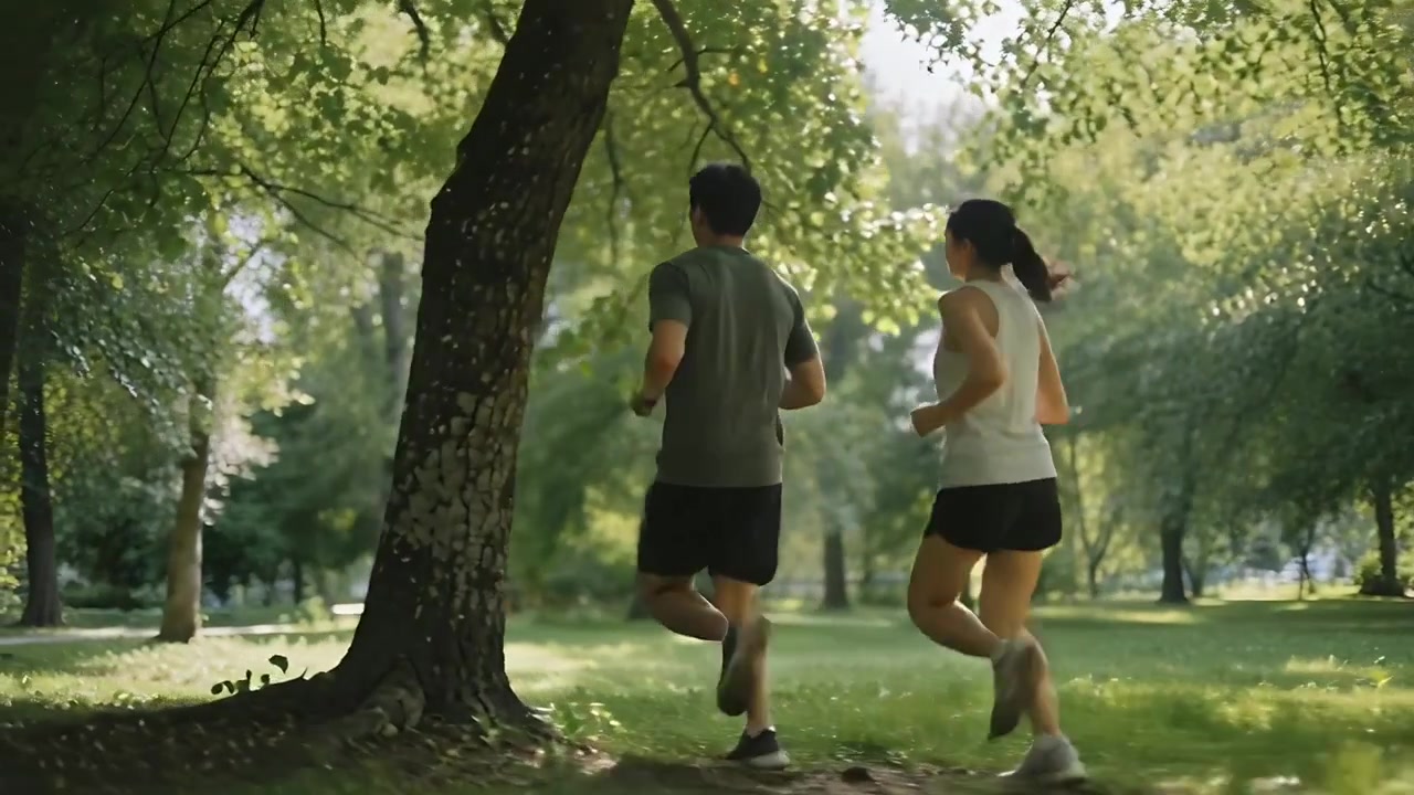 Due corridori adulti che iniziano a fare jogging e si allenano lungo un sentiero del parco, indossando pantaloncini e scarpe da corsa.