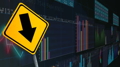 animation of financial data processing and road sign over black background