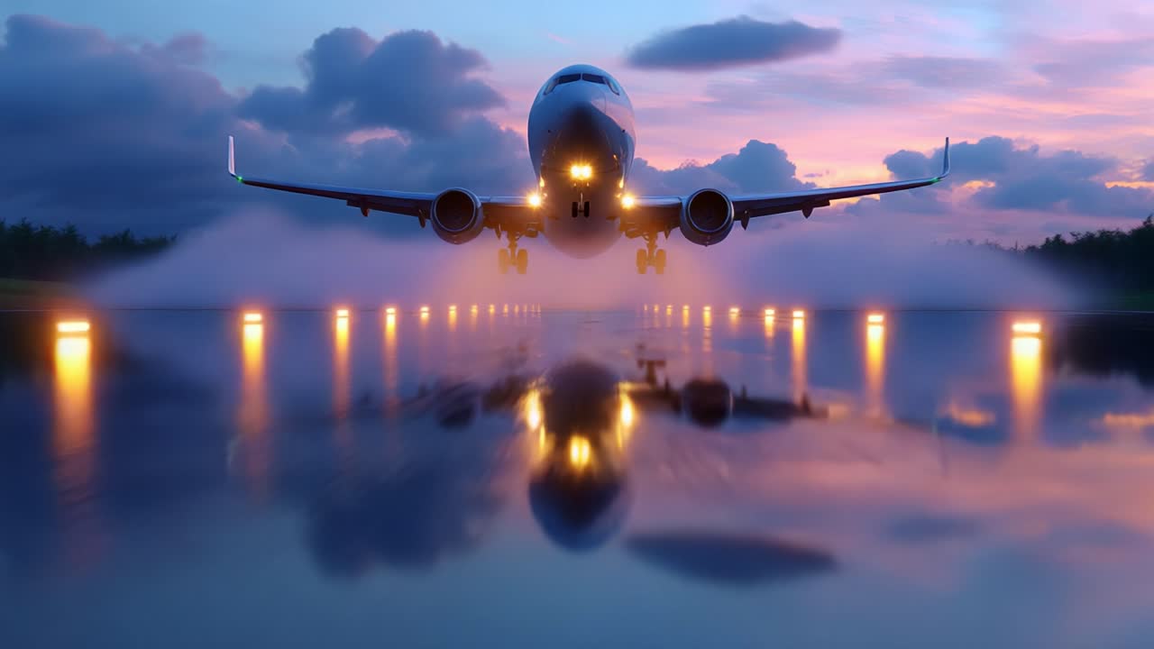 An Airplane Taking Off at Dusk with Reflections in Water, Surrounded by Mist and Soft Lighting, Highlighting the Beauty of Aviation and the Calmness of the Evening Sky