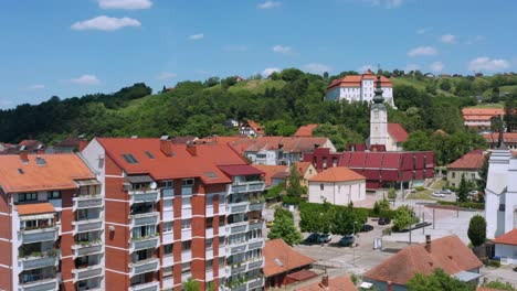 lendava castle - aerial view of apartment buildings in the town near theater and concert hall and lendava synagogue in slovenia