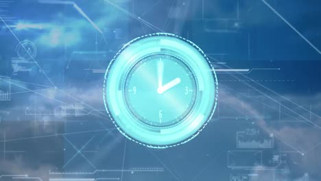 animación del reloj moviéndose sobre datos, conexiones y cielo