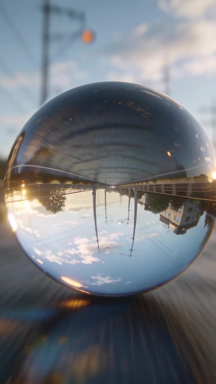 Video verticale: Telecamera panoramica che segue una sfera di vetro che ruota su una tavola al tramonto, mostrando pali e una casa.