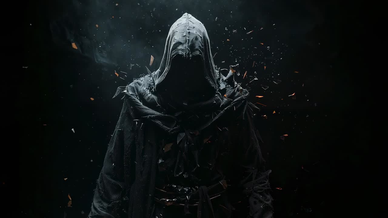 Receiving beam, hooded figure revealing cloak, leather belts in smoky void with swirling embers