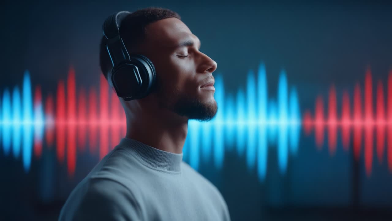 Captivated by Sound: A Man Enjoys an Immersive Audio Experience with Headphones, Visualizing the Rhythm of Music Through Colorful Sound Waves