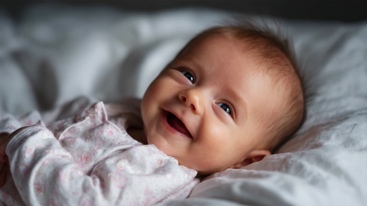 An adorable baby with a joyful smile lies comfortably on a soft white blanket, showcasing pure happiness and innocence, embodying the essence of childhood joy and warmth in a cozy environment