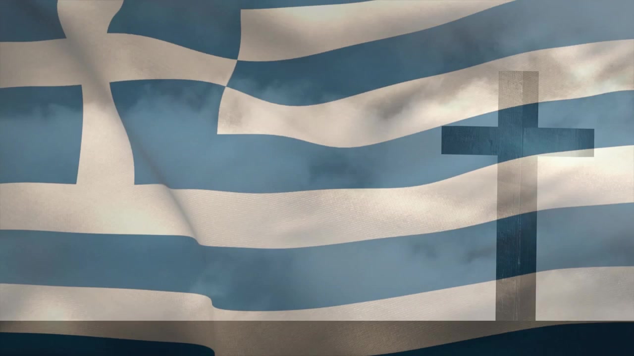 Digitale Brise erzeugt eine sich wellende griechische Flagge, die Wellen über einer halbtransparenten Kreuzüberlagerung bildet.
