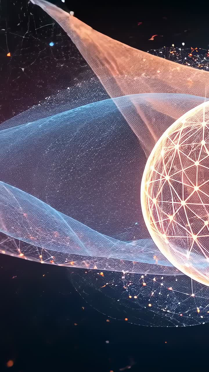 Vertical video: Emerging from right mesh sphere rotating in space with waves and sparks, copy space