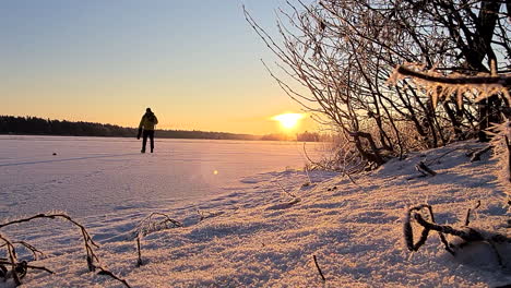 man walking across ice lake in sunny snowy winter wonderland in finland, sunny clear winter weather, wide shot