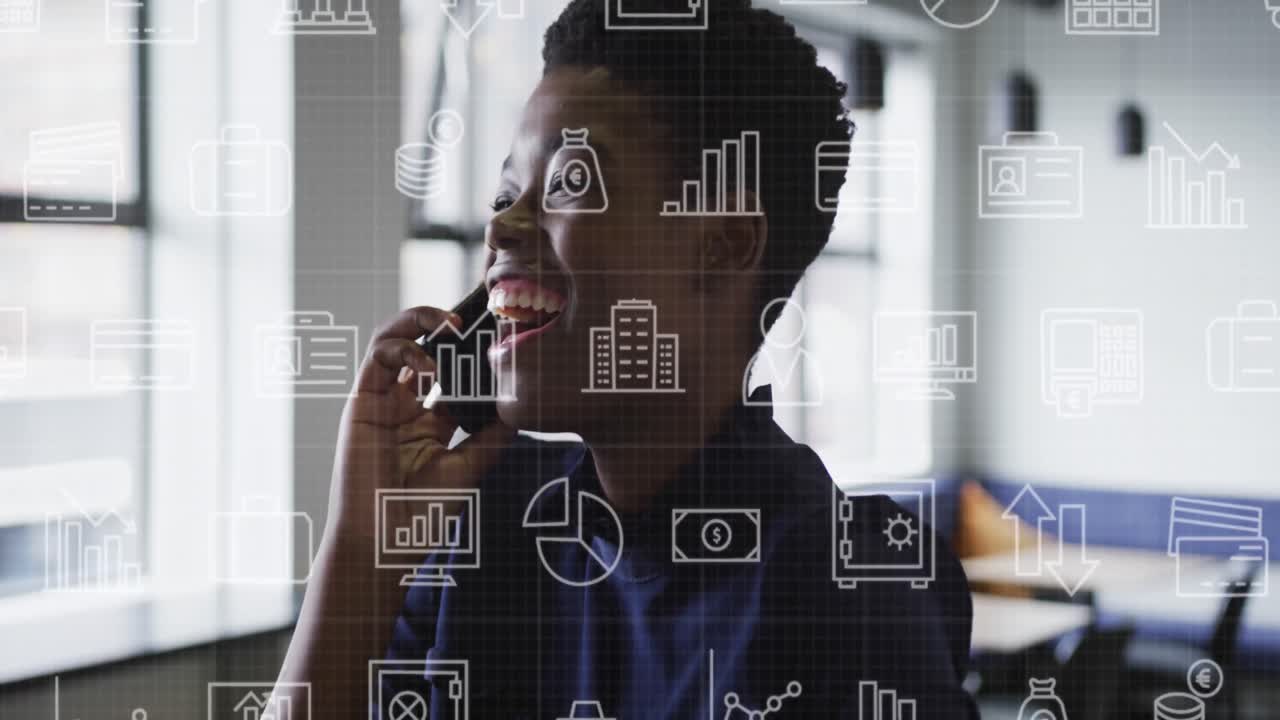 Animation of data processing over african american businesswoman using smartphone