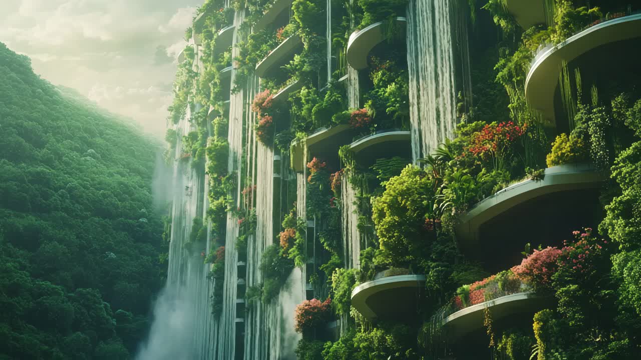 Vertical Garden Building with Waterfalls