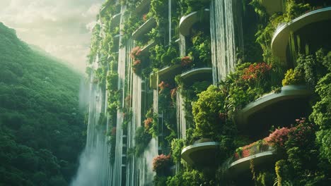 vertical garden building with waterfalls