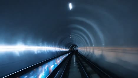 train enters a tunnel at high speed, creating a dynamic scene of motion and blur as it transitions from light to darkness