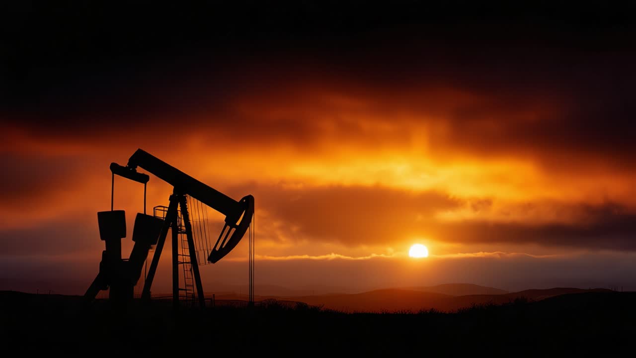 Dramatic Sunset Over Oil Pump Jack Silhouette in a Vast Landscape Evoking Energy Production and Natural Beauty at Dusk