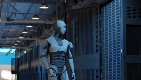 Humanoid robot standing in modern data center corridor surrounded by server racks. 3D rendering of artificial intelligence and advanced robotics system. Future technology and automation concept