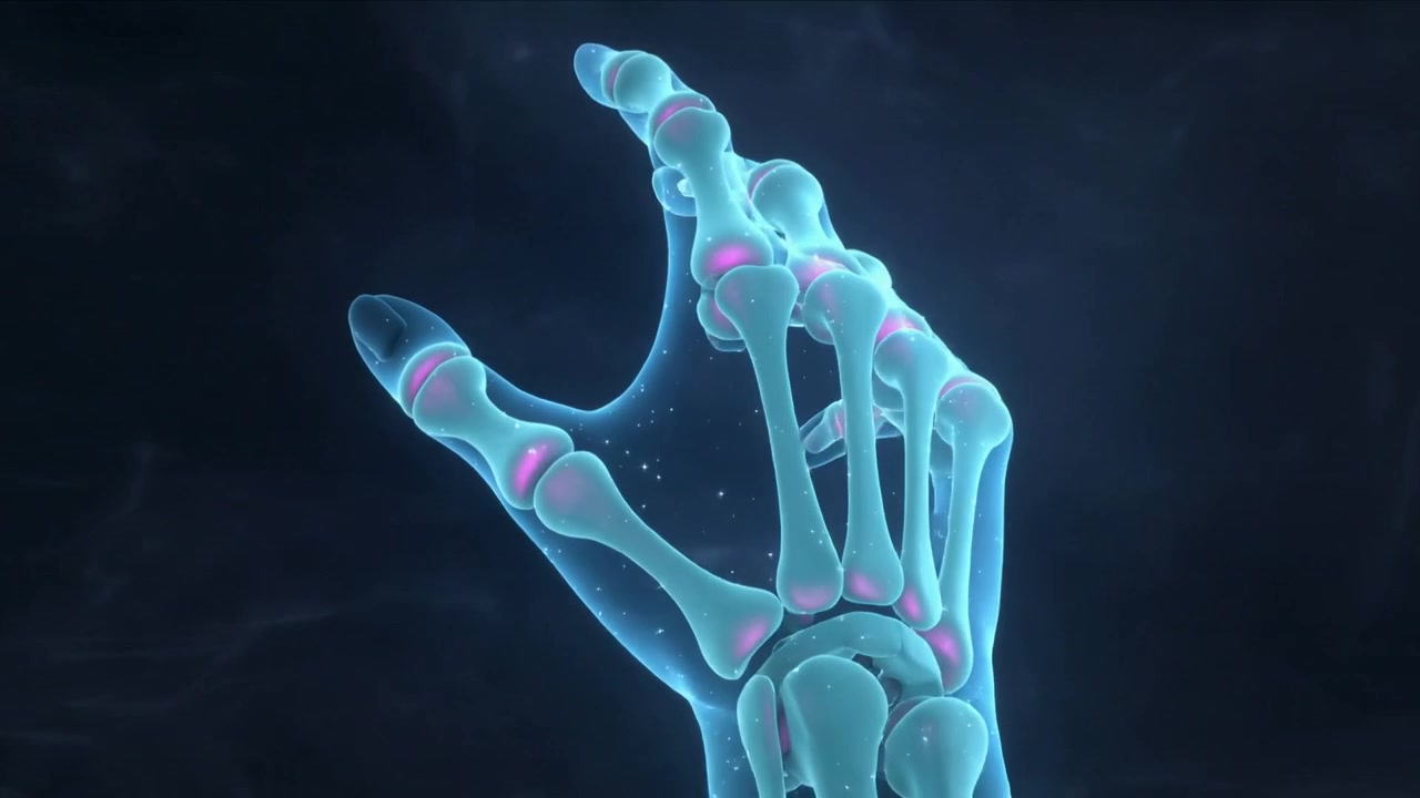 Animating translucent hand rotating toward viewer in space void, revealing pulsing magenta joints