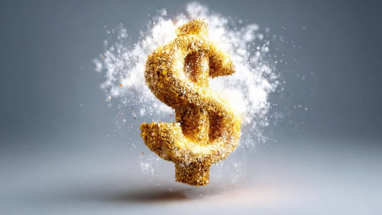 Sparkling Golden Dollar Sign Bursting with Energy and Creativity, Representing Wealth, Prosperity, and Financial Success in Stunning Visual Motion