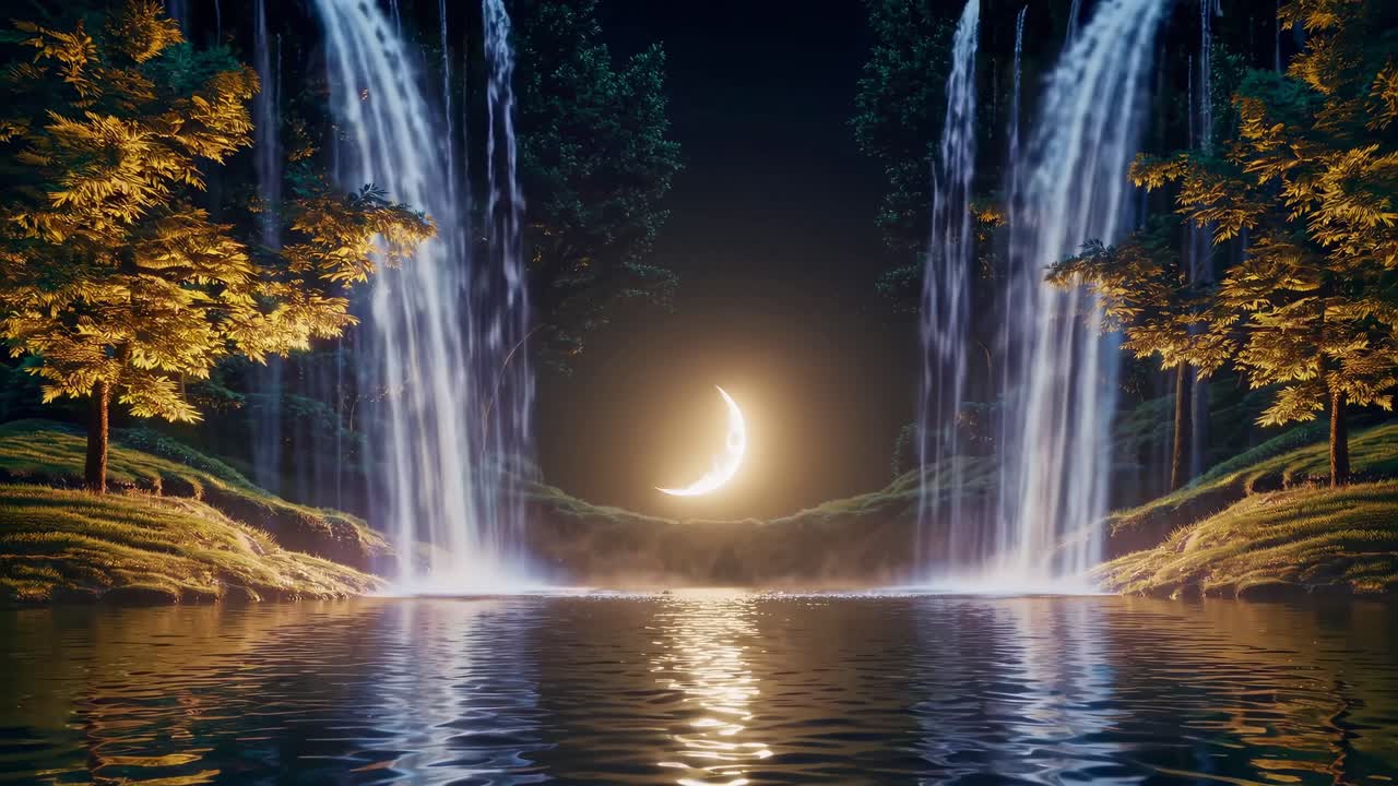 A serene fantasy landscape video with dual waterfalls and a crescent moon