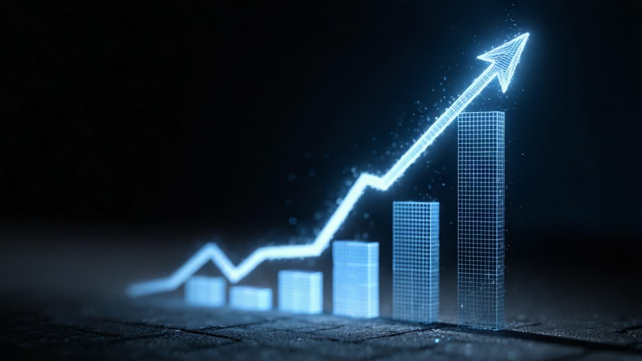 A Visual Representation of Digital Growth: An Increasing Graph with Stylized Bars and an Upward Arrow, Symbolizing Improvement and Success in Data Analysis