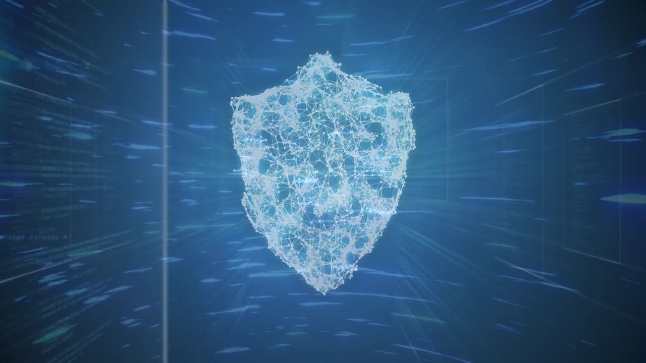 Security shield icon against light trails on blue background