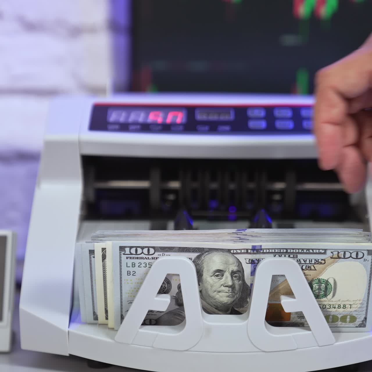 Automatic counting hundred dollars. Monetary banking cash calculating. Unrecognizable person taking money