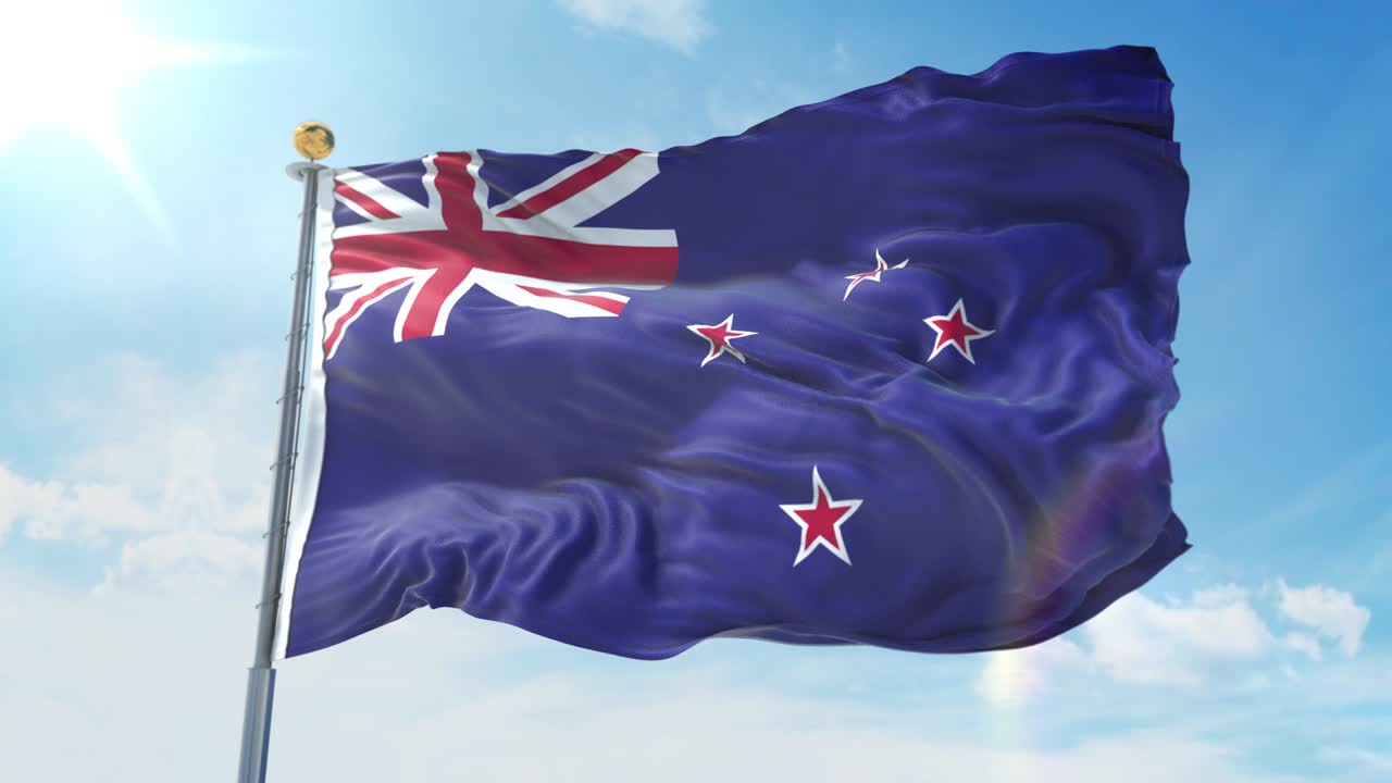 깊은 파란 하늘을 배경으로 바람에 흔들리는 뉴질랜드 발, 국가 테마, 국제 개념, 3d 렌더링, 시엄리스 루프, 4k