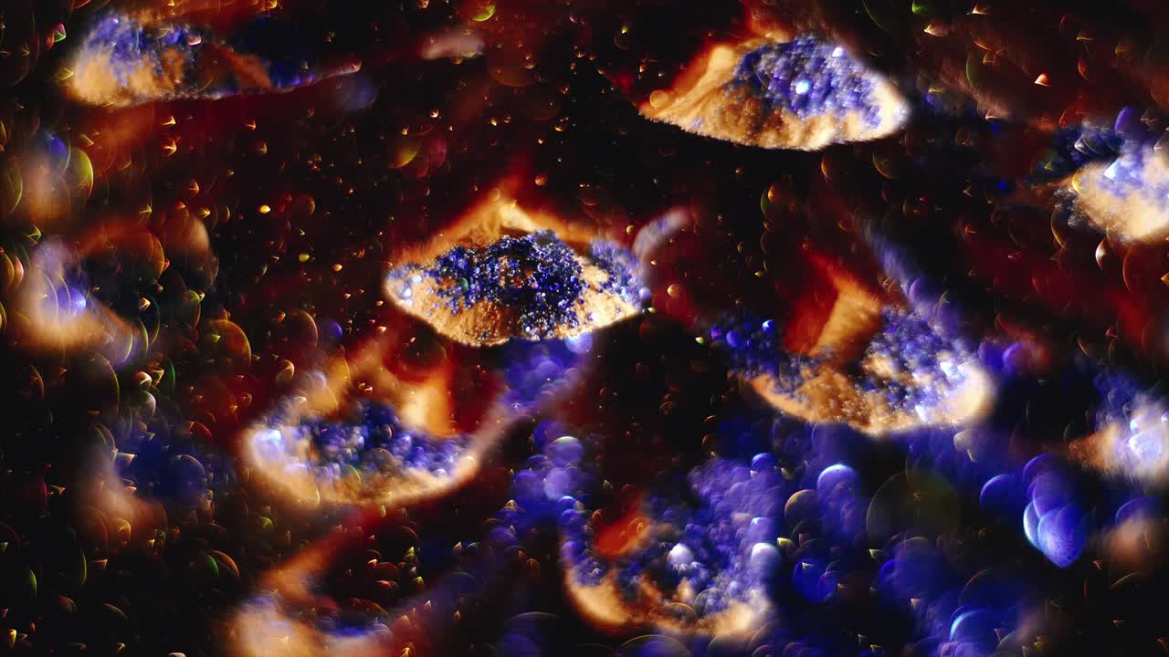 화려한 다이아몬드 섬들이 공간에서 떠다니는 것처럼 보이는 피네콘, 보케, 작은 둥근 거품들이 그들을 둘러싸고 회전합니다.