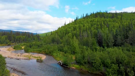 4k drone video of rock shoreline of chena river at angel rocks trailhead near fairbanks, alaska