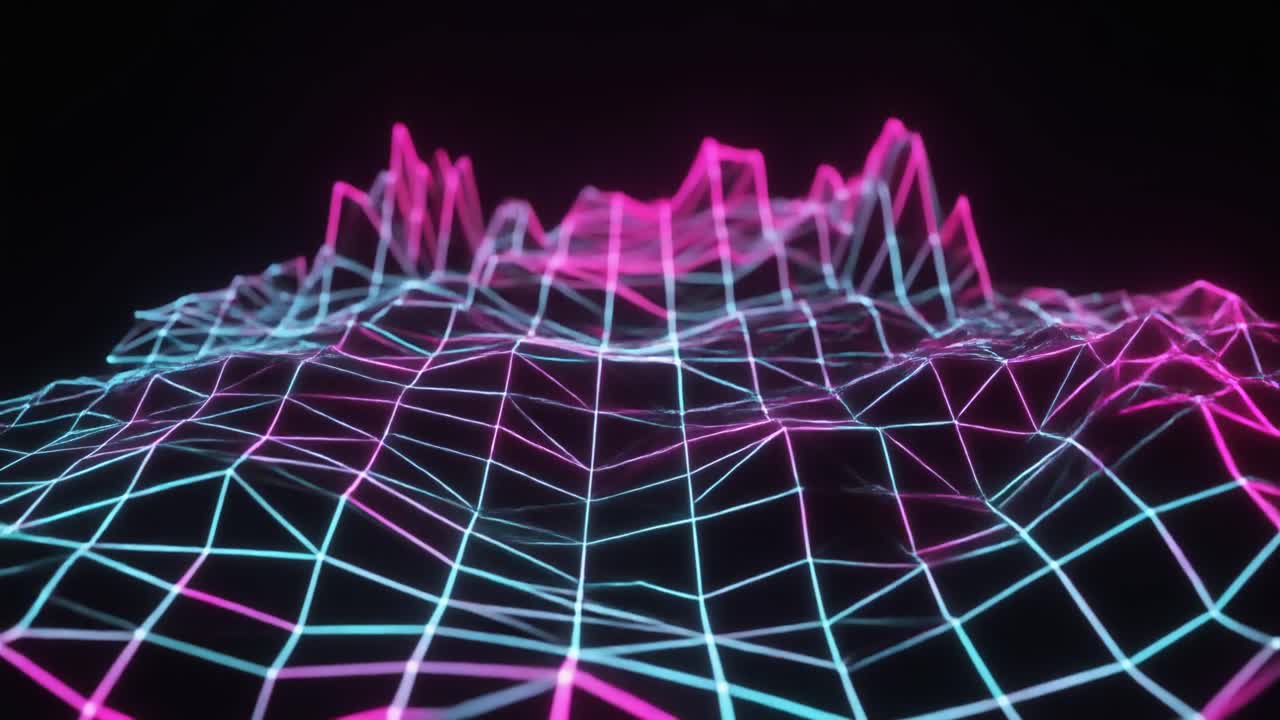 Dynamic Abstract Digital Landscape with Glowing Neon Grid
