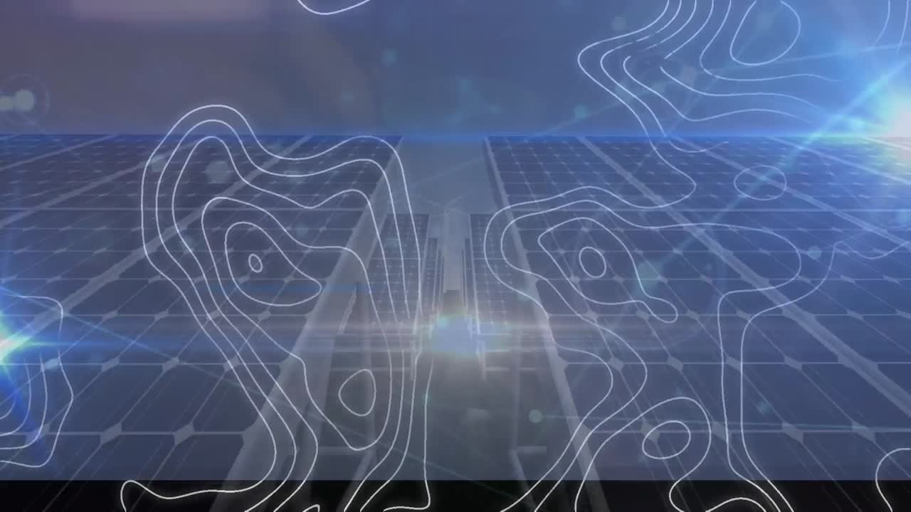 Animation of network of connections and white lines over solar panels and wind turbines