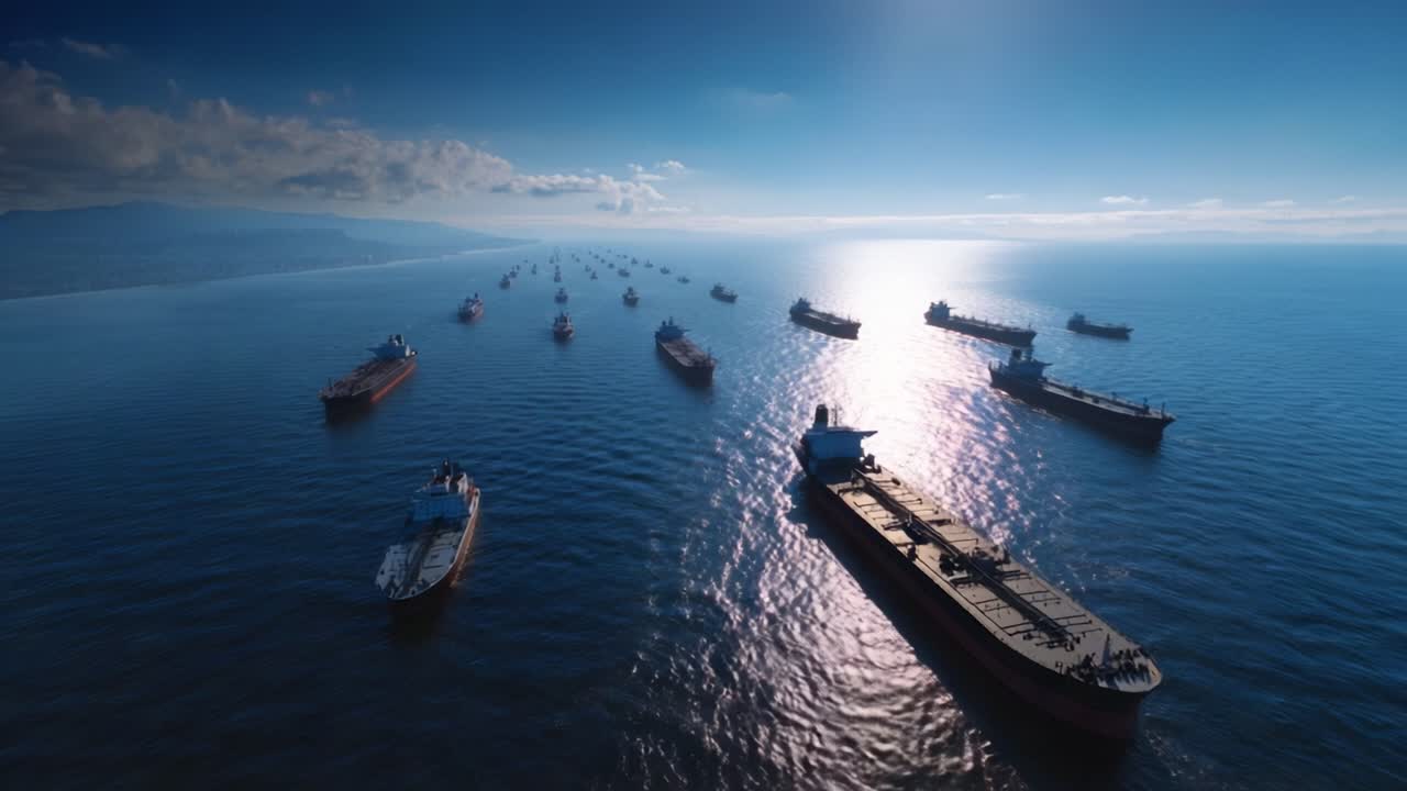 Vista aérea de muchos buques de carga navegando en océano abierto. El sol brilla sobre el agua, resaltando las embarcaciones. Mar en calma refleja el cielo azul y las nubes. Ideal para temas de transporte marítimo, logística o comercio global