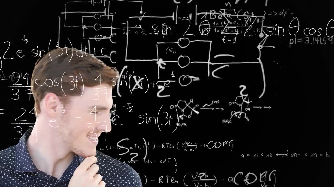 Animation of Caucasian man standing in front of chalkboard with floating mathematics formulae