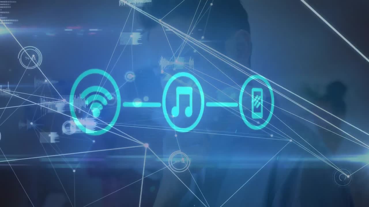 Animazione di un uomo d'affari e icone su una rete di connessioni