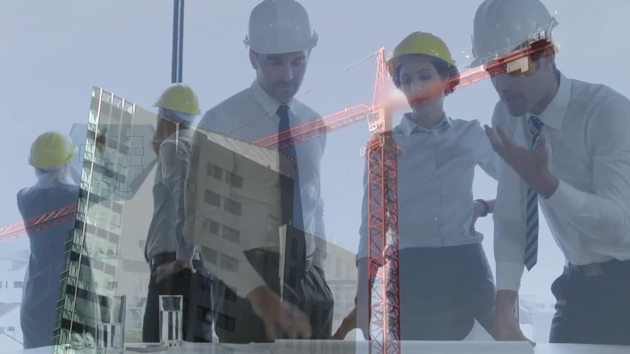 animación del paisaje urbano sobre hombres de negocios caucásicos hablando