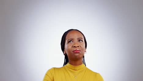 Confused,-thinking-and-black-woman-in-studio